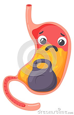 Full stomach heaviness filling. Cartoon sad character Vector Illustration