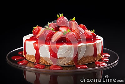 A full strawberry cheesecake with sauce topping and fresh strawberries on a glass plate against dark background Stock Photo