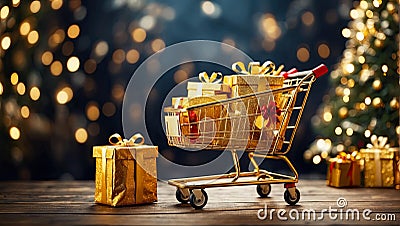 Full supermarket trolley with gold boxes of Christmas and New Year gifts on a festive background with Christmas trees and bokeh. Stock Photo