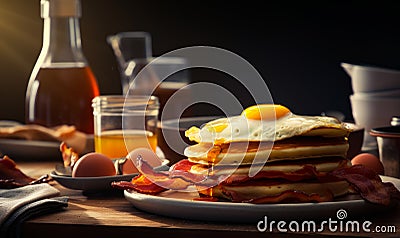 Full tasty breakfast on the plate. Fried egg on the pile of pancakes and slices of bacon. Close up. Generative AI Stock Photo