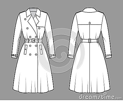 Full Trench coat technical fashion illustration with belt, double breasted, sleeves, napoleon lapel collar, storm flap. Vector Illustration