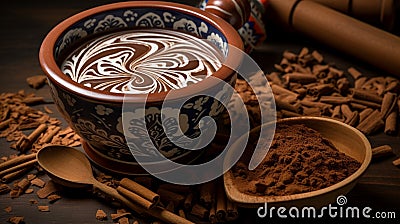 A full ultra HD photo capturing the intricate design of a Mexican hot chocolate traditional molinillo, a wooden whisk used for Stock Photo