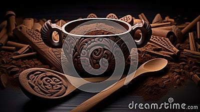 A full ultra HD photo capturing the intricate design of a Mexican hot chocolate traditional molinillo, a wooden whisk used for Stock Photo