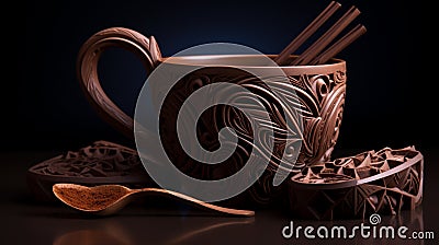 A full ultra HD photo capturing the intricate design of a Mexican hot chocolate traditional molinillo, a wooden whisk used for Stock Photo