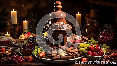 A full ultra HD photo of a Mexican chocolate fondue fountain, with cascading layers of warm, silky chocolate, ready for dipping Stock Photo