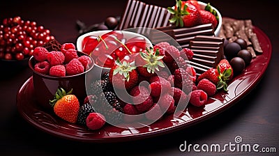 A full ultra HD picture of a Ruby Chocolate-coated fruit platter, showcasing the elegance and deliciousness of this exquisite Stock Photo