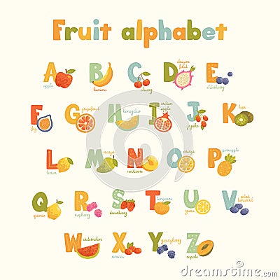 Full vector cute alphabet for kids in bright colors. Vector Illustration