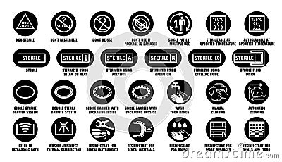 Full vector package collection of disinfectant symbols for medical device, equipment, instruments, materials. Sterile, non-sterile Vector Illustration