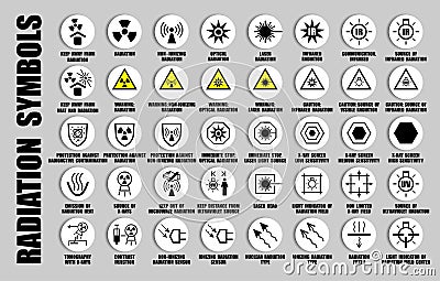 Full vector set of black radioactive symbols isolated on white. Radiation danger and caution ISO icons with warning information Vector Illustration
