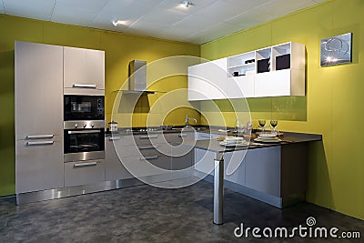 Full view of a modern steel kitchen Stock Photo