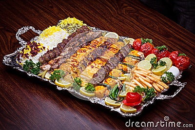 Full view of Persian Mix Kebab of minced meat and chicken With R Stock Photo