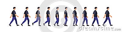 Full walk cycle sequence animation. Man in motion, going, stepping side view. Male gait phases, positions. Casual person Vector Illustration