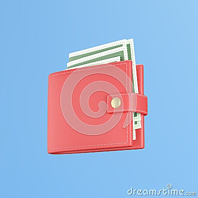 Full wallet with cash, red purse and money, perspective view on a blue background. Stock Photo