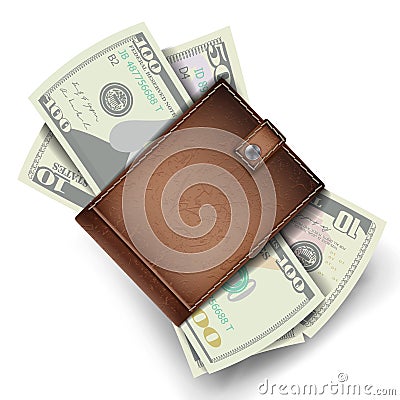 Full Wallet Vector. Brown Color. Dollar Banknotes. Top View. Financial Concept. Isolated On White Background Vector Illustration