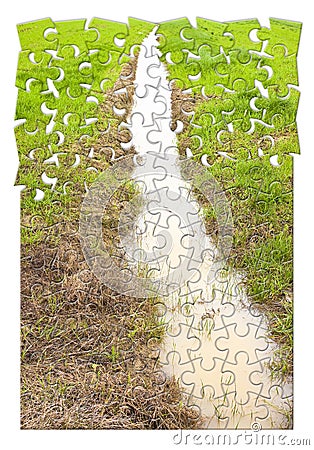 Full water ditch in a field after torrential rain - concept image in puzzle shape Stock Photo