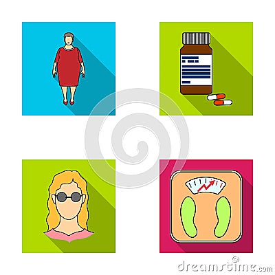 Full woman, a girl with glasses, a scales with exquisite result. Diabeth set collection icons in flat style vector Vector Illustration