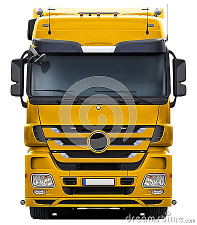 Full yellow truck Mercedes Actros front view. Stock Photo