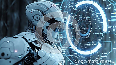 fullbody android defending against hackers, cyber shield, advanced technology Stock Photo