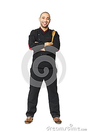 Fullbody portrait of Afro American professional cook isolated. Stock Photo