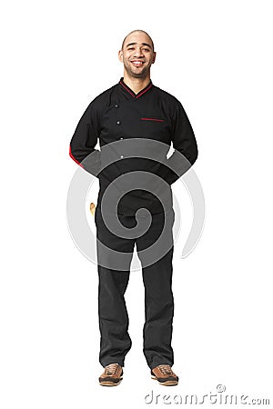 Fullbody portrait of Afro American professional cook isolated. Stock Photo