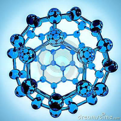 Fullerene composed of carbon atoms colored slightly in blue Stock Photo