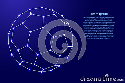 Fullerene, a molecular compound, convex closed polyhedra composed from futuristic polygonal blue lines and glowing stars for Cartoon Illustration