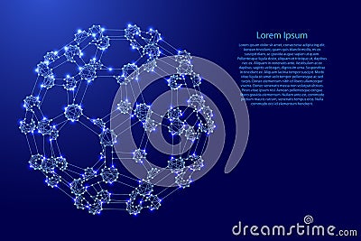 Fullerene, a molecular compound, structure from carbon atoms, from futuristic polygonal blue lines and glowing stars for banner, Vector Illustration