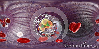 Fullerene nanoparticles in blood, conceptual 3D illustration, 360 degree panorama Cartoon Illustration