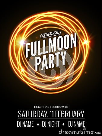 Fullmoon party design flyer. Disco party night. Vector dance poster template. Moon light illustration Vector Illustration