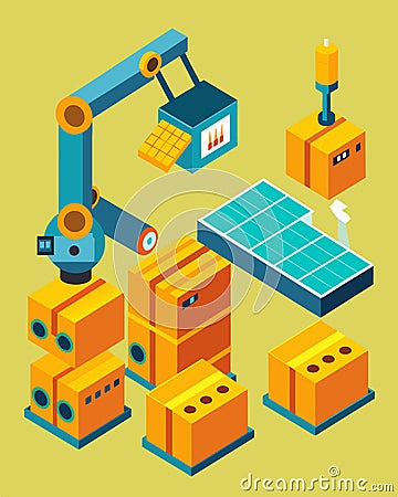 In a fully automated factory solarpowered robots tirelessly package and label products utilizing advanced barcode Vector Illustration
