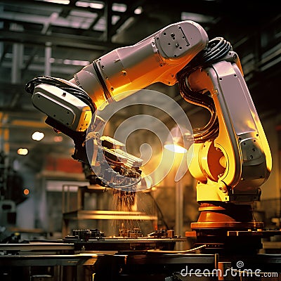 Fully automated robotic arm at industrial production line. Generative AI Stock Photo