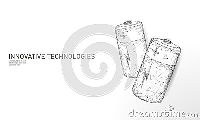 Fully charged polygonal alkaline battery. Energy power storage electric rechargeable supply. White neutral gray low poly Vector Illustration