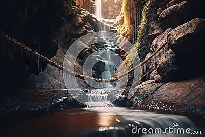 fully rendered sceneryIdyllic waterfall & rope bridge: mind-blowing detail in Unreal Engine 5's ultra-wide view Stock Photo