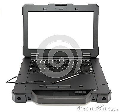 Fully Rugged Laptop with blank screen, isolated on a white. Stock Photo