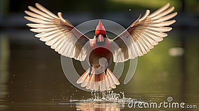 Fully Splayed Wings In Motion, A Northern Cardinal Male Taking Flight Creating A Slight Motion Blur, Cardinalis cardinalis Stock Photo