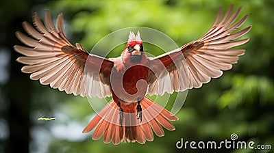 Fully Splayed Wings In Motion, A Northern Cardinal Male Taking Flight Creating A Slight Motion Blur, Cardinalis cardinalis Stock Photo