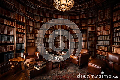 A fully stocked library, featuring rows of antique leather-bound books and a cozy reading corner with a vintage globe Stock Photo