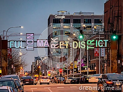 Fulton Market District entrance and streetscape during early evening. Main streets in Chicago, streets in Illinois Editorial Stock Photo