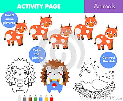 Fun activity page for kids. Educational children game set. Animals theme coloring page, connect the dots Vector Illustration