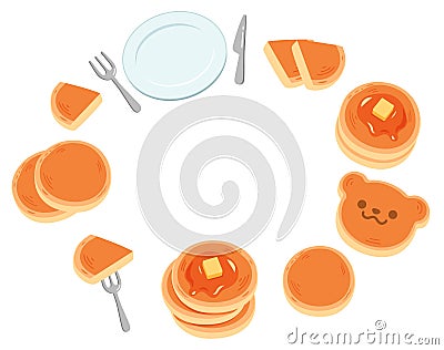 A fun background frame with lots of simple and cute pancakes and dishes. Vector Illustration