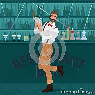 Fun bartender hipster shakes the shaker Vector Illustration