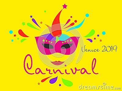 Carnival card or banner with typography design. Vector illustration with retro light bulbs font, streamers, confetti and hanging f Stock Photo