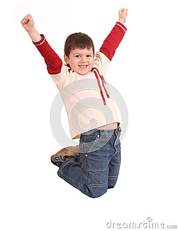 Fun boy in jeans high jump. Stock Photo