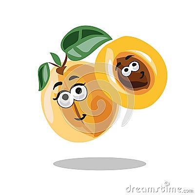 Fun cartoon apricot fruit character with leaf, happy smile mother and child Vector Illustration