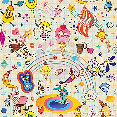 Fun cartoon characters seamless pattern Vector Illustration