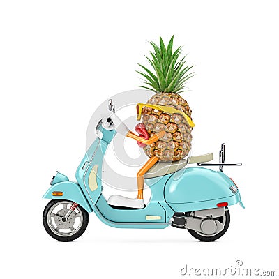 Fun Cartoon Fashion Hipster Cut Pineapple Person Character Mascot Riding Classic Vintage Retro or Electric Scooter. 3d Rendering Stock Photo