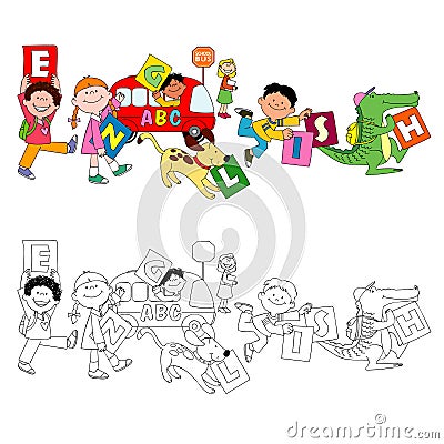 The fun children holding english cards Vector Illustration