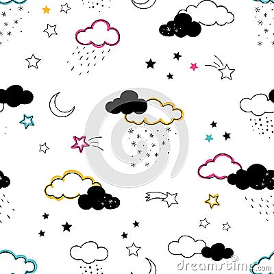 Fun clouds seamless pattern, hand drawn doodles stars, clouds, moon - great for textiles, banners, wallpapers, bed linen - vector Vector Illustration