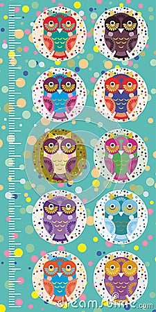 Fun colored owls on blue background Children height meter wall sticker, kids measure. Vector Vector Illustration