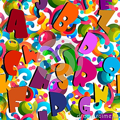 Fun colorful ABC english letters, squiggles, doodles, circles, balls, polka dots seamless pattern. Vector multicolor bright funny Vector Illustration